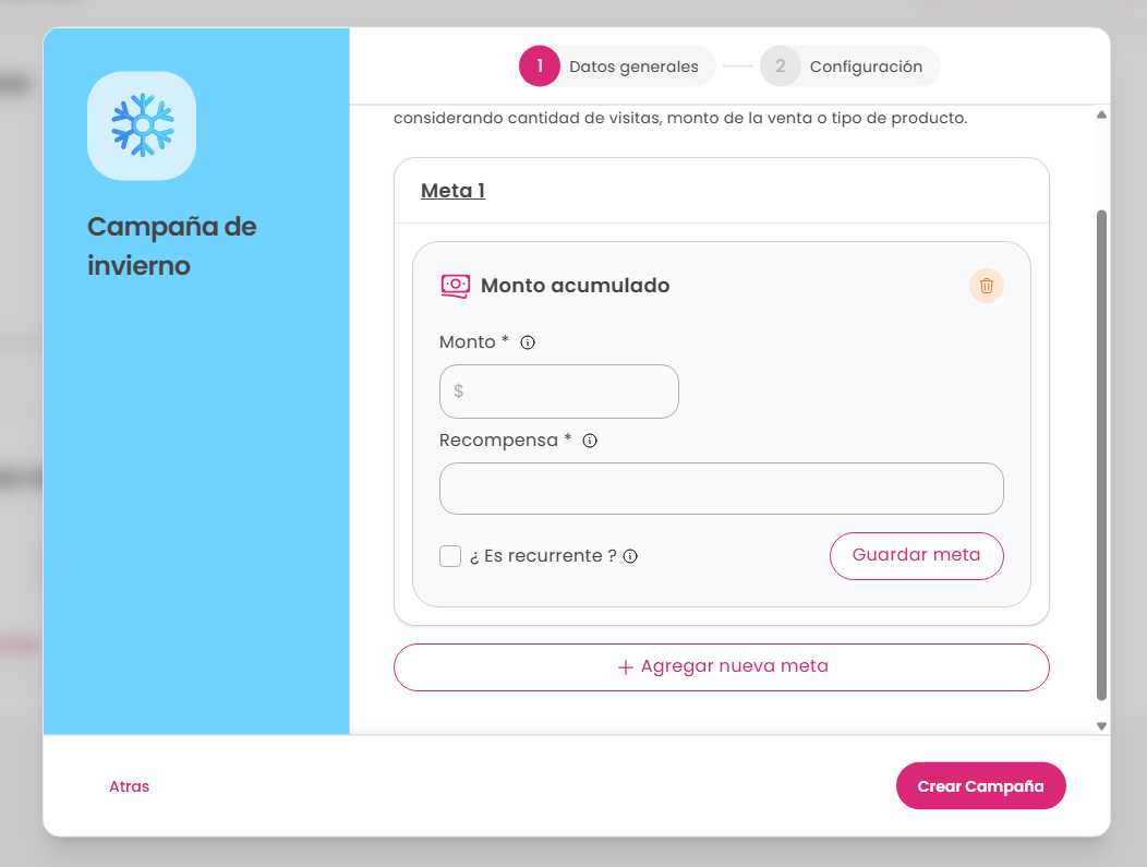 Pantalla de creación de metas de tipo acumulación