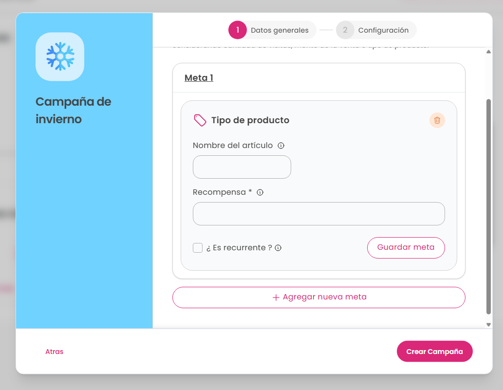 Pantalla de creación de metas de tipo acumulación