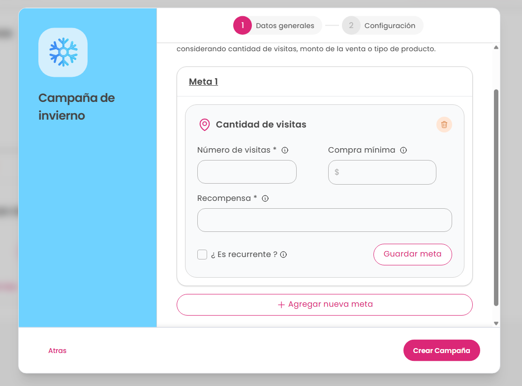 Pantalla de creación de metas de tipo visitas