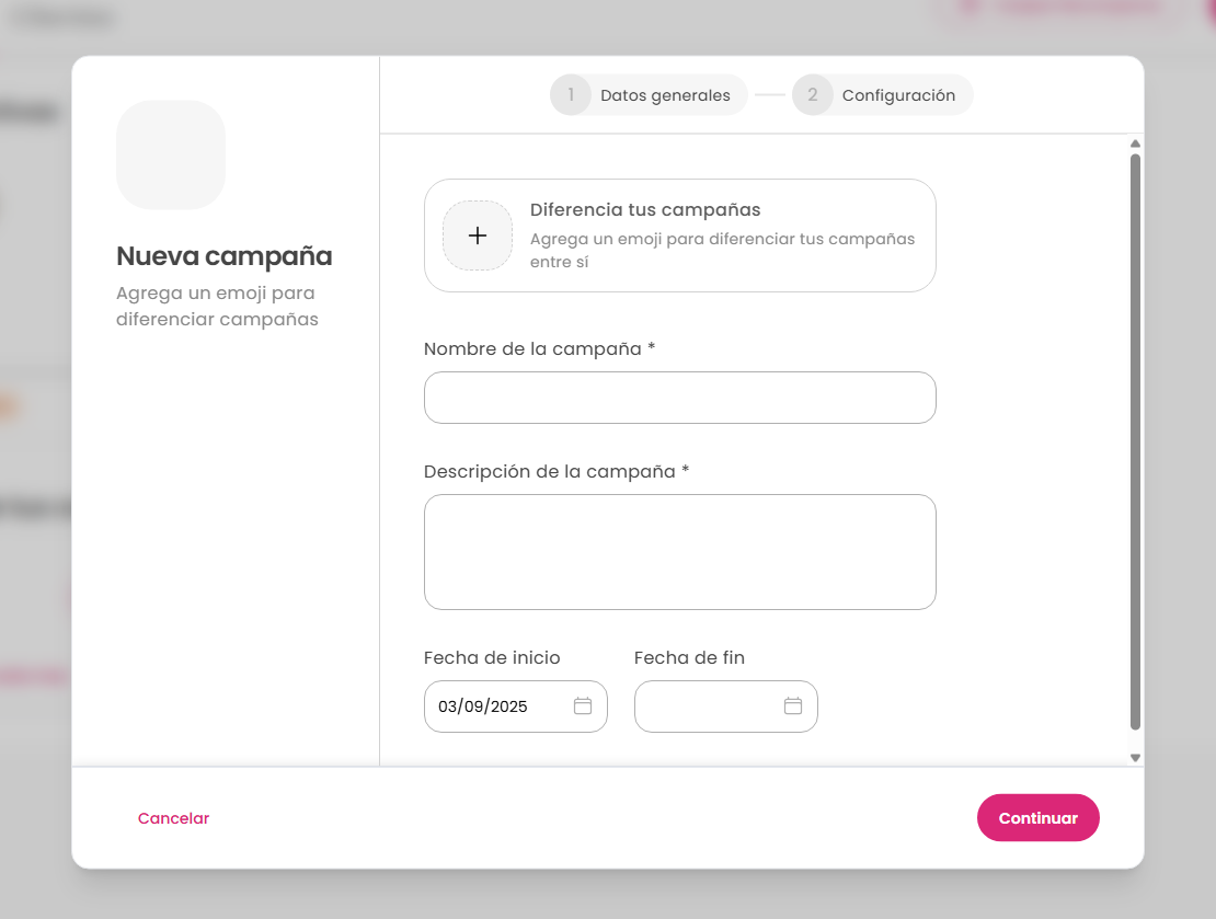 Pantalla de creación de nueva campaña