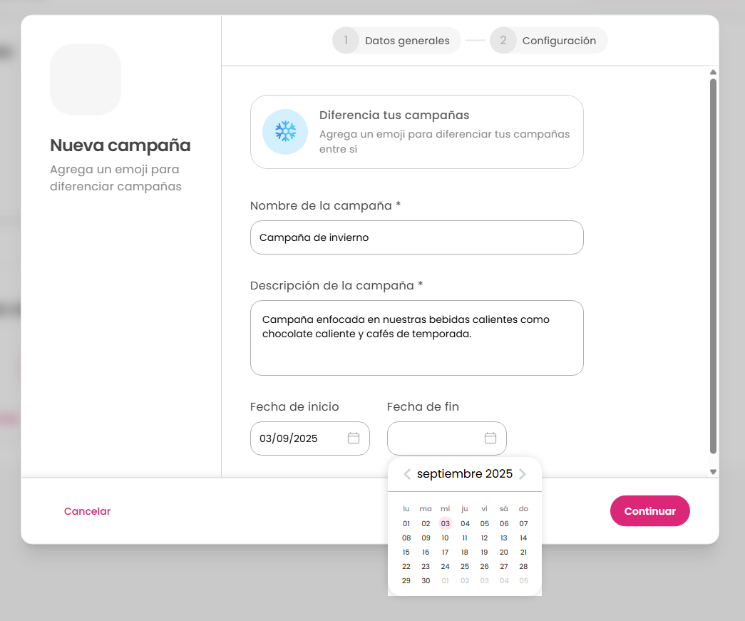 Pantalla de creación de nueva campaña con algunos datos ya rellenados